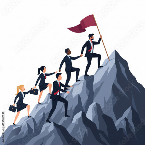 a five of diverse people in business suit climbing up to the top of a mountain, following a leader with a maroon flag in his hand. Isolated on background