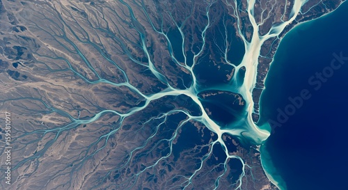 Aerial view of a river delta flowing into a large body of water, showcasing intricate patterns.