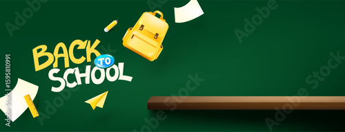 Back to school banner with playful typography and school supply elements on chalkboard background with empty wooden shelf for header text