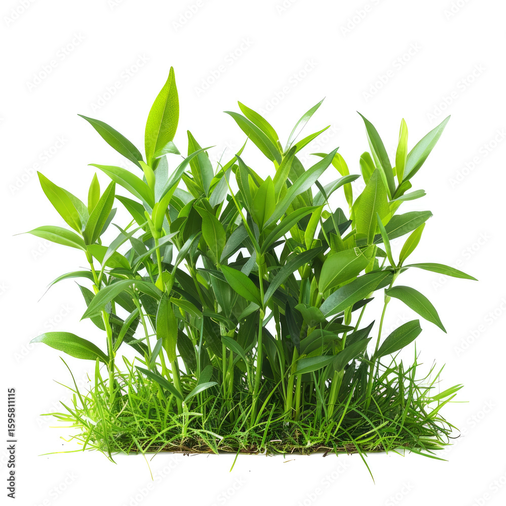 Fototapeta premium Lush green foliage cluster, atop a bed of grass, against a plain white background