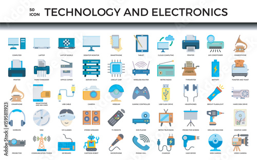 Vibrant vector icon set depicting various technology and electronic devices, including computers, cameras, and gadgets. Perfect for design projects requiring modern tech representations.