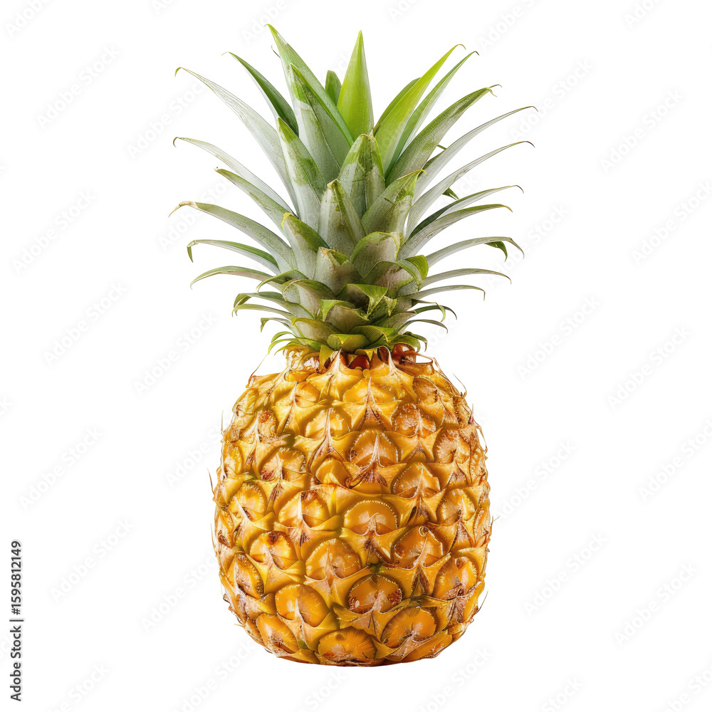 Fototapeta premium Single pineapple, bright yellow, green crown