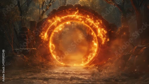 Fiery Portal with Mystical Forest Path.