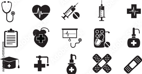Medical and Healthcare Glyph Icon Set. Vector collection of flat symbols for hospital, pharmacy, and first aid
