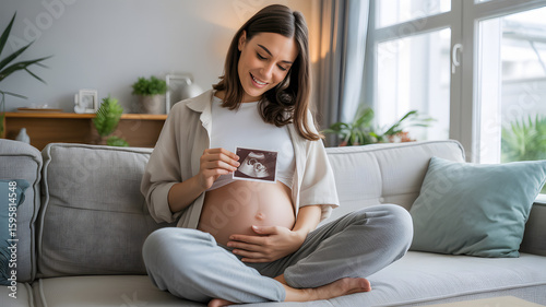 Expectant mother holds ultrasound scan with joy sitting on sofa at home near window, feeling baby bump and awaiting childbirth.