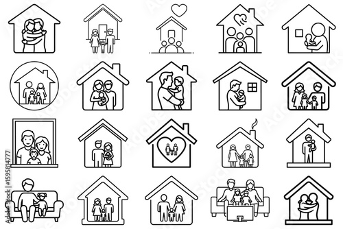 Family and Home Icons: A comprehensive collection of monochrome icons showcases diverse family structures, emphasizing the warmth and inclusivity of home life. 