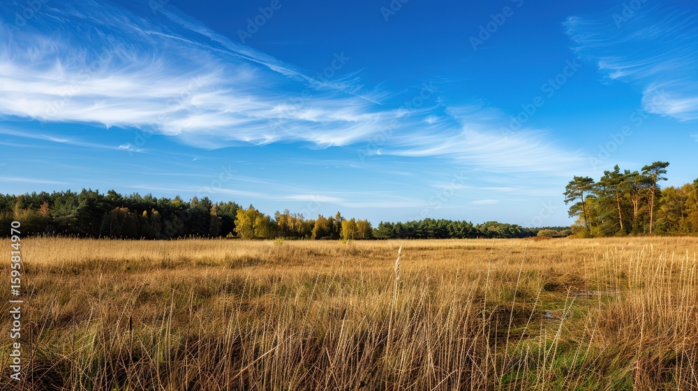 Fototapeta premium Open landscape featuring dry reeds swaying gently, with a distant forest stretching across the horizon under a clear blue sky. This natural scene captures the tranquility of rural outdoors