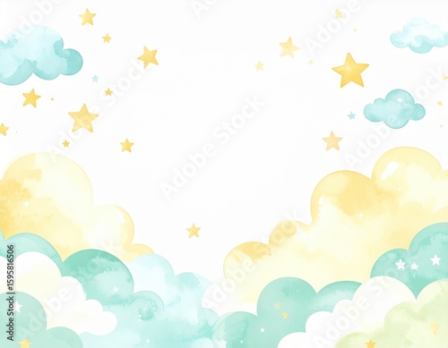 Gentle watercolor clouds and stars in pastel yellow and turquoise hues