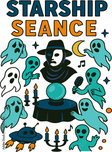 Ghosts summoning spirits in outer space starship séance with cosmic cartoon elements