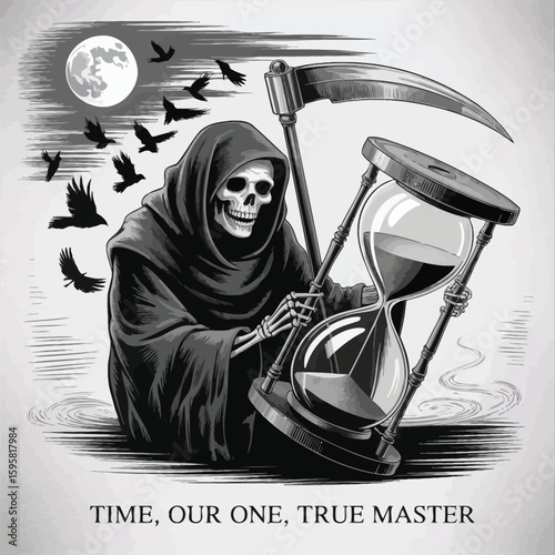 Grim reaper with hourglass and crows under a full moon vector design.