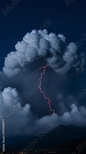 A dramatic lightning strike illuminates a dark cloudy sky. A striking display of nature's power