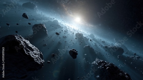 Exploring asteroids in outer space cosmic landscape digital art celestial environment wide view space exploration