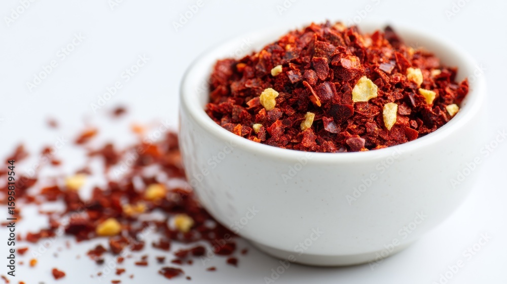 Spicy cooking action red chili flakes in a bowl kitchen food photography bright environment close-up viewpoint Spicy cooking action red chili flakes in a bowl kitchen food photography bright environment close-up viewpoint