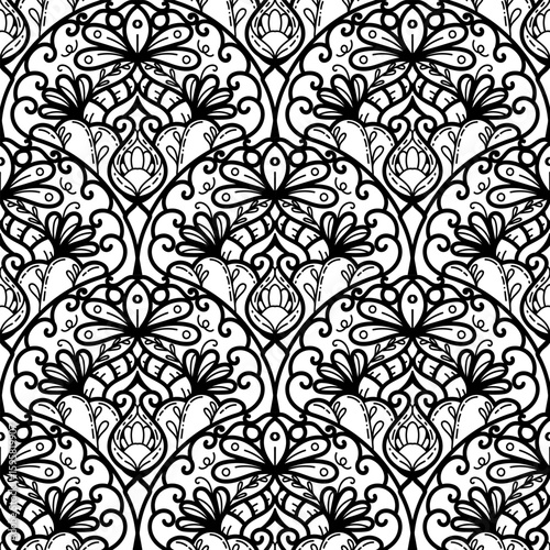 2507010 line scribble seamless repeat pattern, motifs floral hand drawn, scribble style, scallop pattern, design for seamless floral pattern, printing, wrapping, background and craft