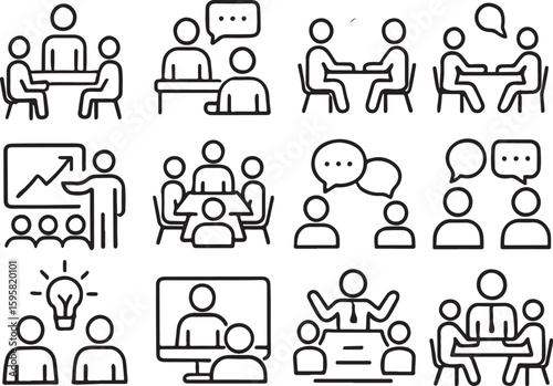 Business meeting icons line art simple shapes icon set