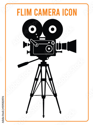 Vintage Film Camera Silhouette on Tripod, Retro Movie Camcorder Vector Icon for Cinematic Design, Medias icon great for any use.