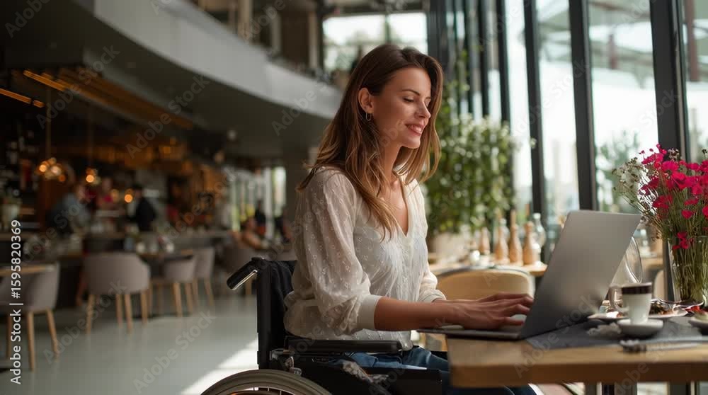 Confident Woman Working from Wheelchair in Café