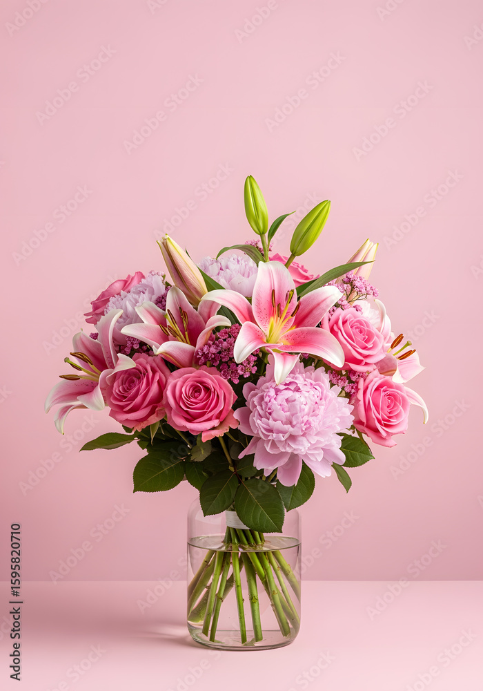 Fototapeta premium A bouquet of pink flowers is displayed on a pink background