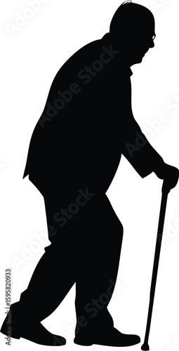 Silhouette of Elderly Man Walking with Cane: Vector Graphic