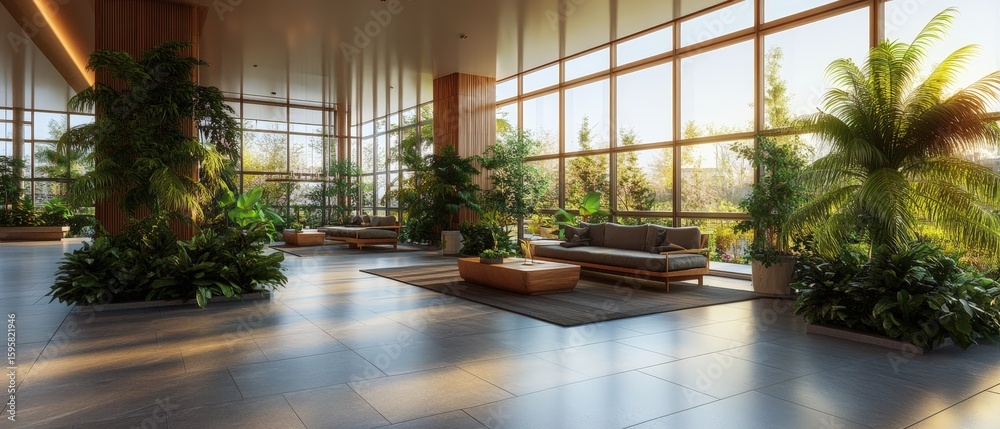 Fototapeta premium Bright modern indoor botanical garden with large glass and lush tropical plants in spacious lounge area