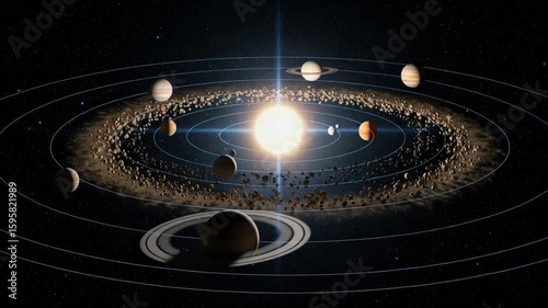 The sun and its orbiting planets, including saturn with rings, in the vastness of space