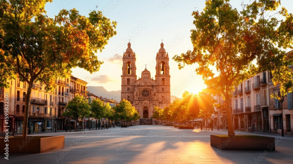Fototapeta premium Beautiful historic city square featu a grand cathedral with twin bell towers du sunset with lush trees and outdoor seating