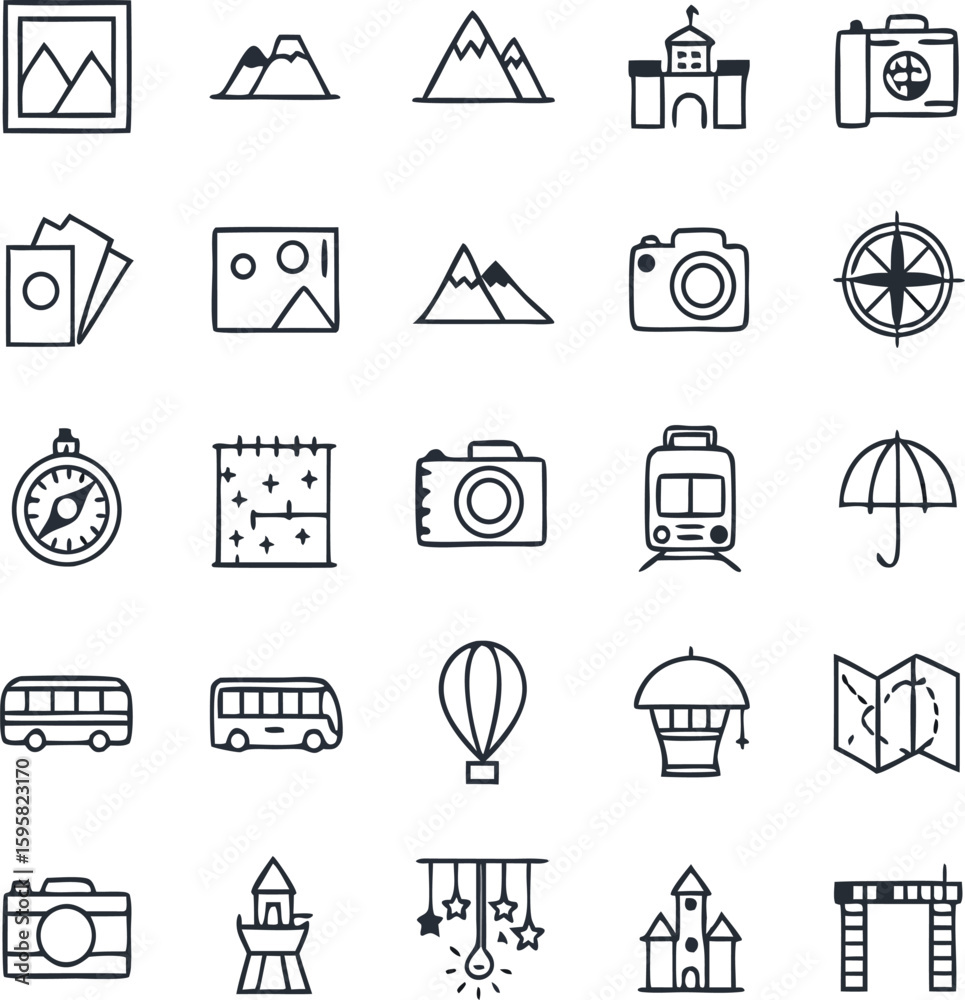 Fototapeta premium Photo frame, mountain, castle, suitcase, images, picture, photo camera, compass, timer, map, train, umbrella, bus, hot air balloon, tower, amusement park, travel brochure, gate, tour, sightseeing Icon