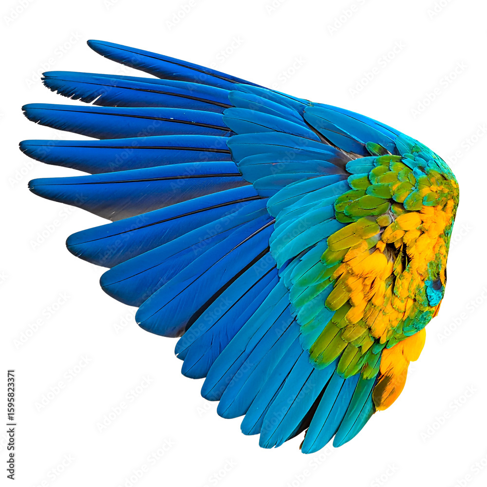 Fototapeta premium Vibrant Blue and Gold Macaw wing fully spread showing feathers isolated on transparent background PNG