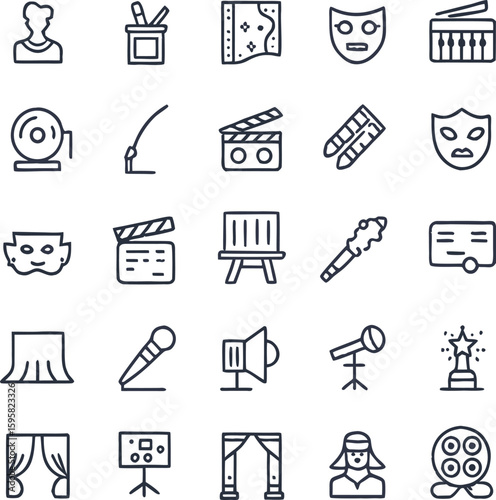 Theater mask, clapperboard, mic, spotlight, actor, camera, curtain, award, stage, ticket, painting board, script, presenter, host, megaphone, performance, drama, live show, podium, and concert Icons.