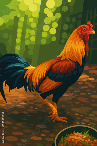 A vibrant rooster stands confidently on a dappled ground in a lush, green forest. Its plumage features vivid shades of orange, red, and deep blue, with striking details on its feathers and tail. Sunli