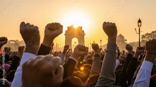 Republic day India sunrise protest at India Gate Delhi captures peaceful demonstrations and patriotic fervor for use in news articles, blog posts, and social media.