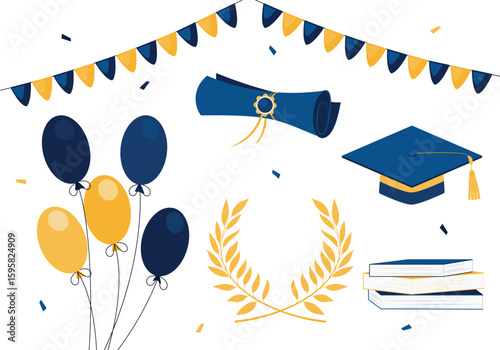 Set of graduation attributes. Blue mortarboard, diploma, laurel branches, books, balloons, garlands, confetti. Design elements isolated on a white background.