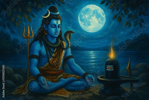 Divine painting of lord shiva meditating near river with shivling under full moon night holding trishul and wearing tiger skin and snake ornament