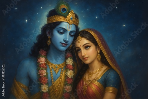 Painting of lord krishna with radha in a romantic divine moment under starry night sky wearing traditional attire and adorned with floral garland and jewelry