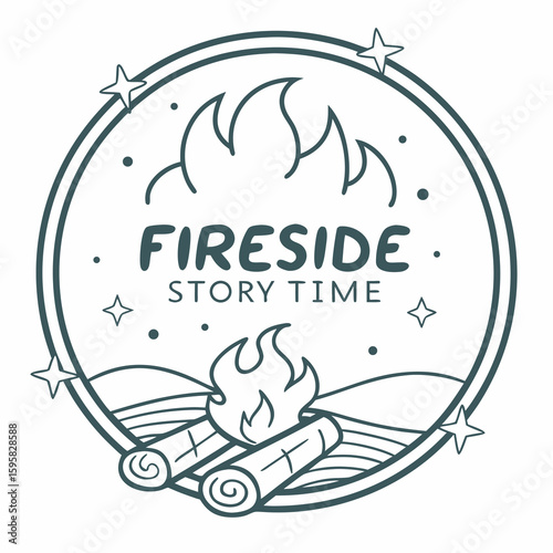Fireside Story Time Illustration with Campfire Logs and Stars in Circle