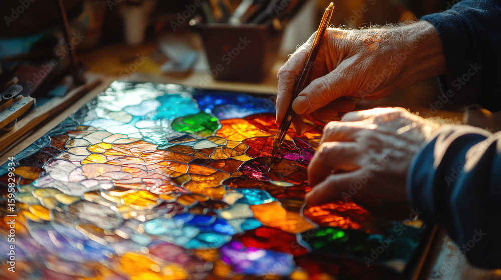 Obraz premium Stained glass artist assembling vibrant pieces, glowing colors with sunlight streaming through, delicate craftsmanship in high-resolution —ar 16:9 