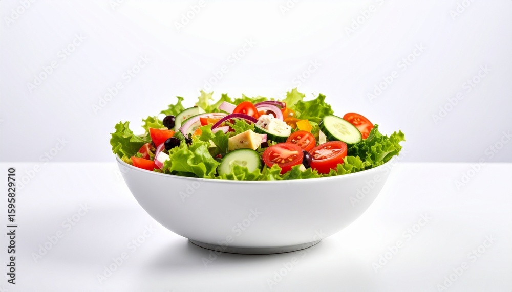 Fresh vegetable salad with lettuce, cherry tomatoes, cucumber, red onion, and cheese in white bowl on white background Fresh vegetable salad with lettuce, cherry tomatoes, cucumber, red onion, and cheese in white bowl on white background