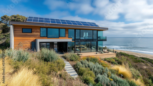 Storm-resistant home with durable solar panels on the roof, designed for sustainable energy production, high-resolution green technology shot —ar 16:9 