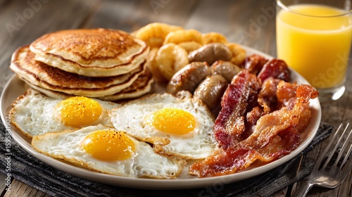Classic American breakfast platter with eggs bacon sausage pancakes and orange juice 