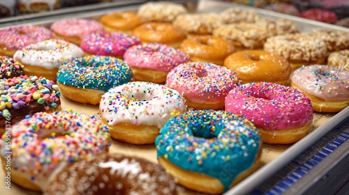 Donuts with colorful glaze and sprinkles arranged on a bakery display tray 