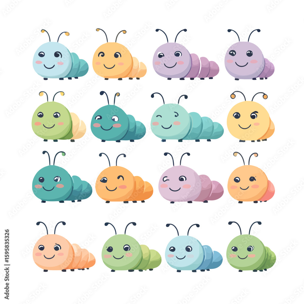Fototapeta premium Collection of cute, colorful cartoon caterpillars with happy expressions, ideal for children's educational materials and playful designs.
