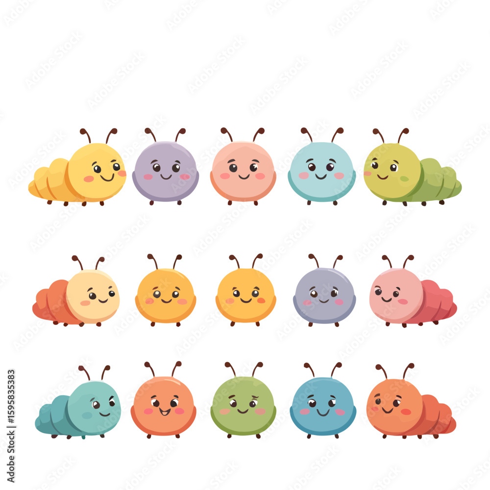 Naklejka premium Charming collection of colorful cartoon caterpillars with happy faces, perfect for children's educational materials and playful designs.