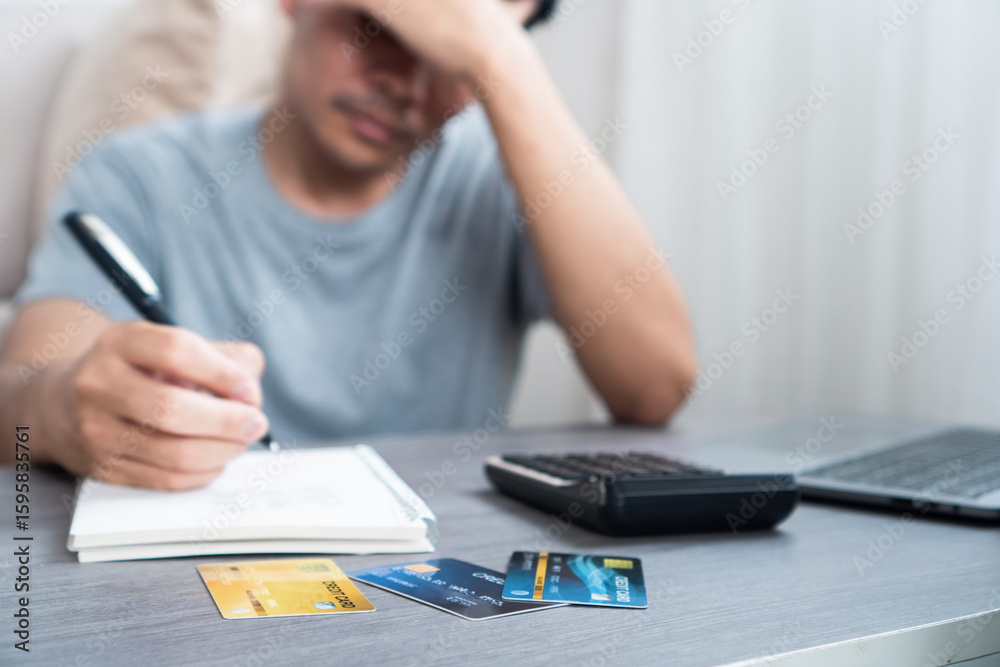Fototapeta premium Asian man feeling stressed and worried because of unpaid bills and credit card debt, struggling with growing money problems and unsure how to handle financial pressure 