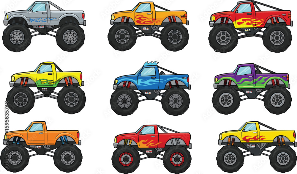 Colorful cartoon monster trucks, big wheels, off-road racing cars, extreme vehicle collection, lifted trucks illustration, children’s toy trucks, playful automotive design, vector transport clipart