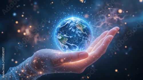 Hands holding the Earth, a symbol of protection and care for the planet, bright and futuristic