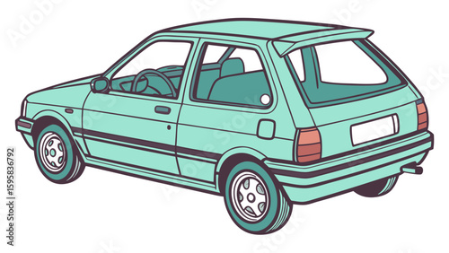 Vintage Light Blue Hatchback Car Rear View Illustration