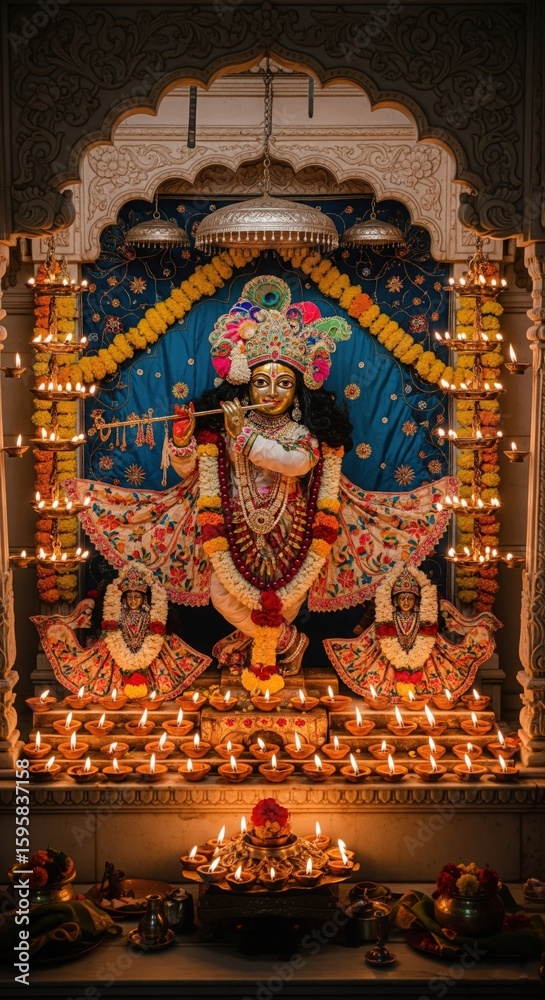 Fototapeta premium Krishna Idol Mobile Wallpaper – Temple Puja Ambience for Janmashtami