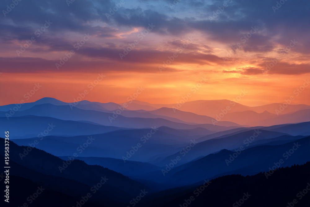 Fototapeta premium Layers of Mountains in a Colorful Sunrise Mist
