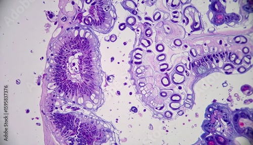 Detailed Microscopic View of Tissue Structure with Purple Staining Technique
