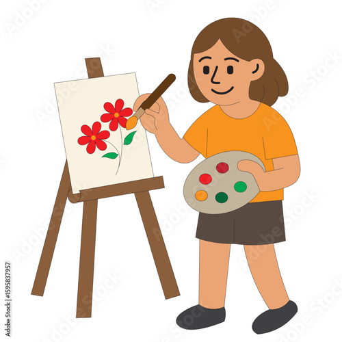 Cute girl painting flowers on canvas with brush and color palette, standing next to easel. Flat cartoon vector illustration of a child doing creative art activity.
